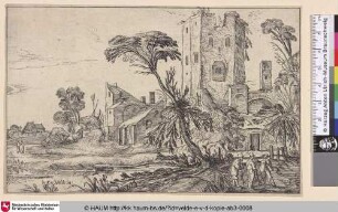 [Drei Reisende vor einem verfallenen Turm; Two Monks on a Path before a dilapidated Tower]