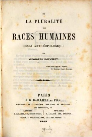 De la pluralité des races humaines : Essai anthropologique