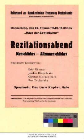 Originaltitel: Rezitationsabend Menschliches - Allzumenschliches Eine heitere Textfolge von: Erich Kästner, Joachim Ringelnatz, Christian Morgenstern, Kurt Tucholsky