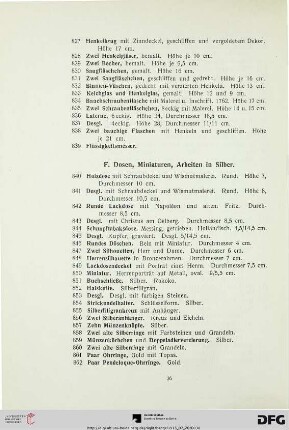 F. Dosen, Miniaturen, Arbeiten in Silber (Nr. 840-885)