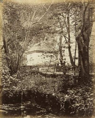 Mittelgrundstudie: Waldinneres: Brunnenhäuschen mit Stämmen, Baumschlag und Teich