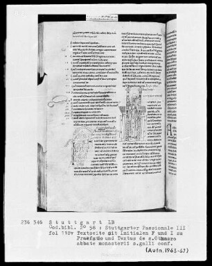 Stuttgarter Passionale — Ergänzungsband — Initiale I (gitur othmarus), darin der heilige Abt Othmar, Folio 118verso
