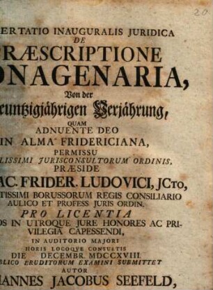 Dissertatio Inauguralis Juridica De Praescriptione Nonagenaria, Von der Neuntzigjährigen Verjährung