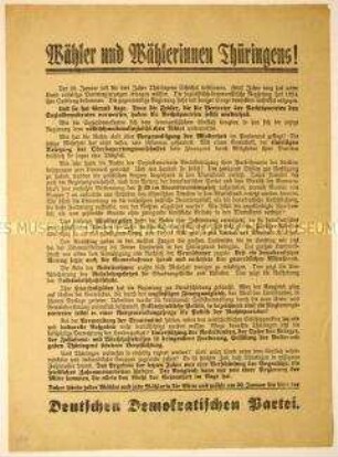 Programmatischer Wahlaufruf der Deutschen Demokratischen Partei anlässlich der Thüringer Landtagswahlen 1927