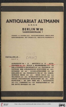 Nr. 17, Teil 1: Katalog / Antiquariat Altmann G.m.b.H., Berlin