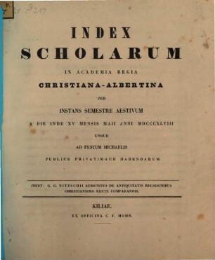 Index scholarum in Academia Regia Christiana Albertina, SS 1848