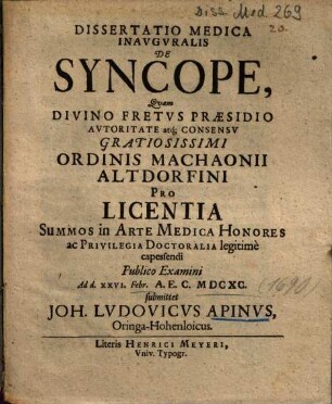Dissertatio medica Inavgvralis [Inauguralis] De Syncope