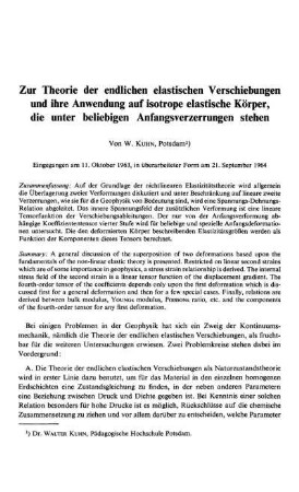 Zur Theorie der endlichen elastischen Verschiebungen und ihre Anwendung auf isotrope elastische Körper, die unter beliebigen Anfangsverzerrungen stehen