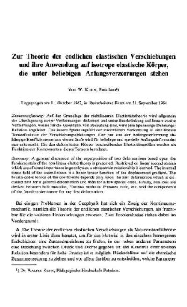 Zur Theorie der endlichen elastischen Verschiebungen und ihre Anwendung auf isotrope elastische Körper, die unter beliebigen Anfangsverzerrungen stehen