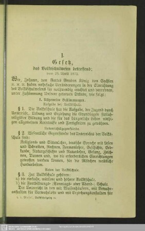 I. Gesetz, das Volksschulwesen betreffend; vom 26. April 1873