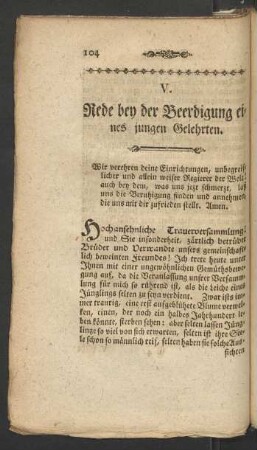 V. Rede bey der Beerdigung eines jungen Gelehrten
