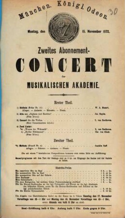 [Konzert-Programme des Königlichen Odeon in München und ähnlicher Münchener Veranstaltungen]. 30. 1872