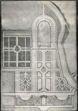 Schloss Lietzenburg (später Schloss Charlottenburg) bei Berlin. Lageplan mit Gartenanlagen. Feder, braune Tusche, aquarelliert, 60,0 x 87,3 cm, vor 1695. Dresden, SLUB Mscr.Dresd.i.15, Nr. 15
