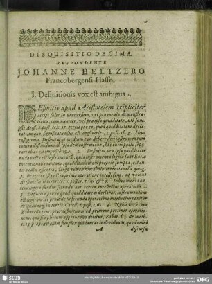 Disquisitio Decima. Respondente Johanne Beltzero Francobergensi Hasso