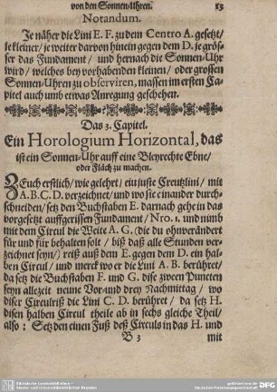 Das 3. Capitel. Ein Horologium Horizontal, das ist ein Sonnen-Uhr auff eine Bleyrechte Ebne/oder Fläch zu machen.