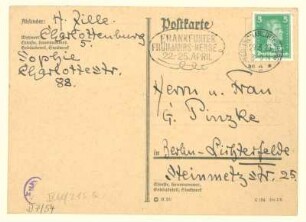 Handschr. Postkarte von Heinrich Zille m.e.U. an Ehepaar G. Pinzke betr. Beileidsbekundung