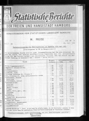 Verbraucherpreise für Nahrungsmittel in Hamburg 1964 und 1965 : Lfd. Nr. 19