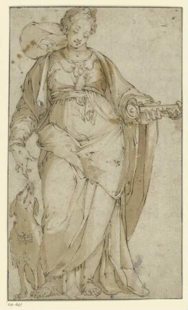 Allegorie / Stehende weibliche Figur mit Schlüssel und Hund