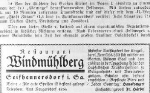 Seifhennersdorf. Restaurant Windmühlenberg, Anzeige, aus: Lehmann: Führer durch die Oberlausitz, 1926