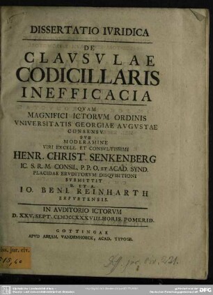 Dissertatio Iuridica De Clausulae Codicillaris Inefficacia