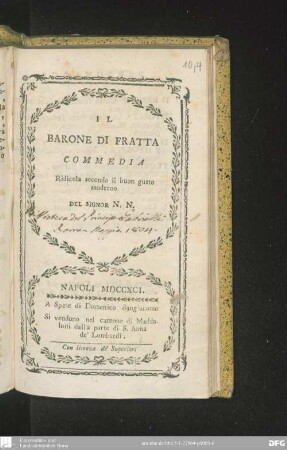 Il Barone di Fratta : commedia ridicola secondo il buon gusto moderno del Signor N. N.