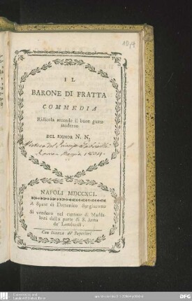 Il Barone di Fratta : commedia ridicola secondo il buon gusto moderno del Signor N. N.