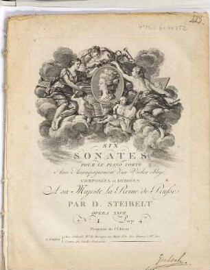 SIX SONATES POUR LE PIANO FORTE Avec Accompagnement d'un Violon obligé, COMPOSÉES et DÉDIÉES A sa Majesté La Reine de Prusse PAR D. STEIBELT OPERA XXVII. ... Prix 4.lt Propriété de l'Editeur. 1. Partitur. - 47 S. - Pl.Dr. 633