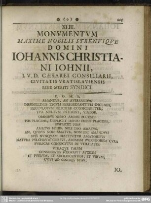 XLIII. Monumentum Maxime Nobilis Strenuique Domini Iohannis Christiani Iohnii, [...]