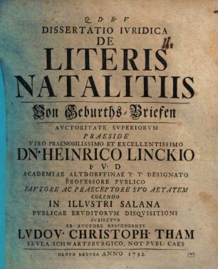 Discursus iur. de literis natalitiis