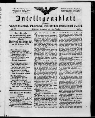 Intelligenzblatt zunächst für Rheydt, Gladbach, Odenkirchen, Giesenkirchen, Wickrath und Dahlen. 1856-1859