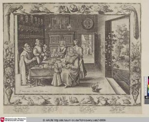 [Das Tischgebet einer Familie, in einer Einfassung von Pflanzen, Früchten und Tieren]