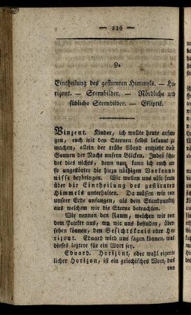 9. Entheilung des gestirnten Himmels. - Horizont. - Sternbilder. - Nördliche und südliche Sternbilder. - Ekliptik.