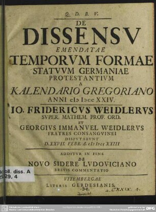 De Dissensu Emendatae Temporum Formae Statuum Germaniae Protestantium A Kalendario Gregoriano Anni MDCCXXIV