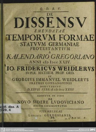 De Dissensu Emendatae Temporum Formae Statuum Germaniae Protestantium A Kalendario Gregoriano Anni MDCCXXIV