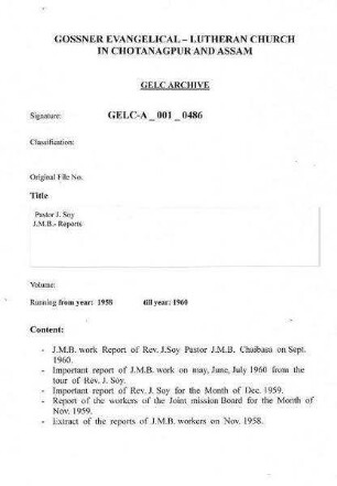 Pastor J. Soy; Joint Mission Board Reports