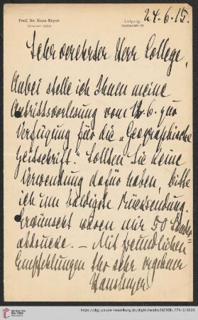 Nachlass Alfred Hettner, Eingegangene Briefe, Korrespondenz Hans Meyer/Alfred Hettner: Brief von Hans Meyer an Alfred Hettner