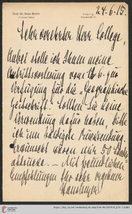 Nachlass Alfred Hettner, Eingegangene Briefe, Korrespondenz Hans Meyer/Alfred Hettner: Brief von Hans Meyer an Alfred Hettner