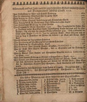 Allmanach auf das Jahr nach der gnadenreichen Geburt unsers Heylands und Seeligmachers Jesu Christi 1750.