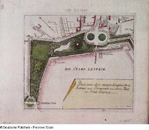 Die Stadt Leipzig. Plan von der neuen Englischen Anlage und Promenade um einen Theil der Stadt Leipzig. [Falsch genordet]. Kupferstich, koloriert, Umrißradierung; 21 x 23,4 cm. Dresden: SLUB Tab.geogr.B.Sax.H.3016 (A 16660)