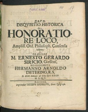 Disquisitio Historica De Honoratiore Loco