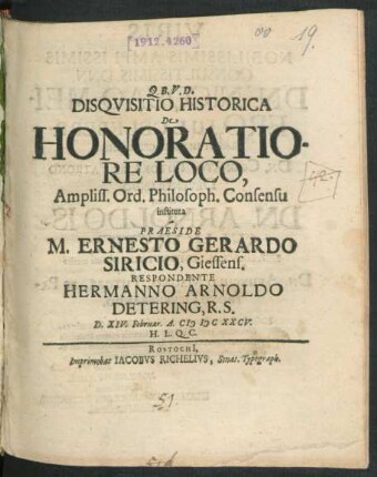 Disquisitio Historica De Honoratiore Loco
