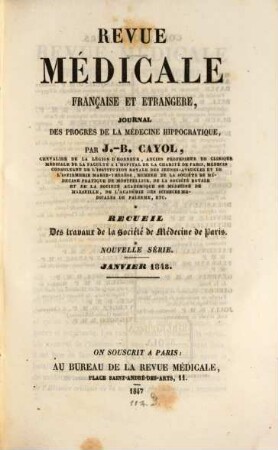 Revue médicale française et étrangère, journal des progrès de la médecine hippocratique. 1848,1, 1848,1