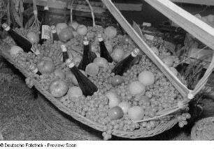 Korb mit Obst und Weinflaschen