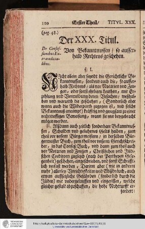 Der XXX. Titul. Von Bekanntnussen so ausserhalb Rechtens geschehen