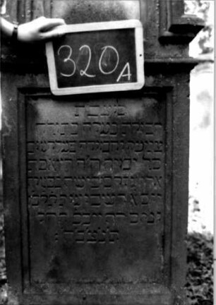 Grabstein 320 (Index: 100111978) Material: Sandstein Zustand: leicht verwittert Maße HxBxT: 137x59x30 cm Beschreibung: Stele, profilierter Sockel, eingezogener Rundbogenabschluß, rechteckiges Schriftfeld eingetieft: Grabstein 320A