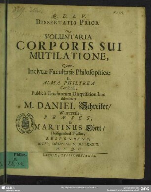 1: Dissertatio ... De voluntaria corporis sui mutilatione