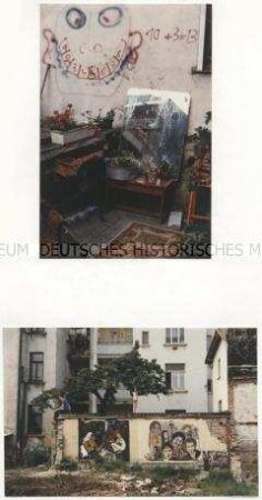 Blatt mit zwei Fotos: Graffiti und Hinterhof (Altersgruppe bis 14)