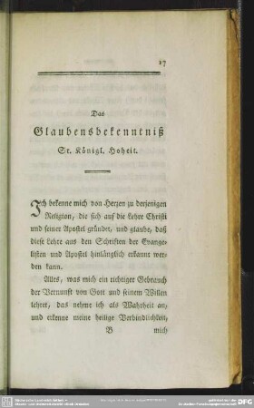 Das Glaubensbekenntniß Sr. Königl. Hoheit