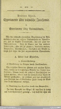 Dritter Theil. Experimente uber technische Zoochemie