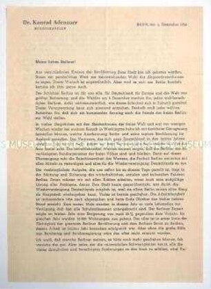 Offener Brief (Postwurfsendung) von Bundeskanzler Adenauer an alle Haushalte in Berlin (West) zur Bundestagswahl 1954, mit Kuvert